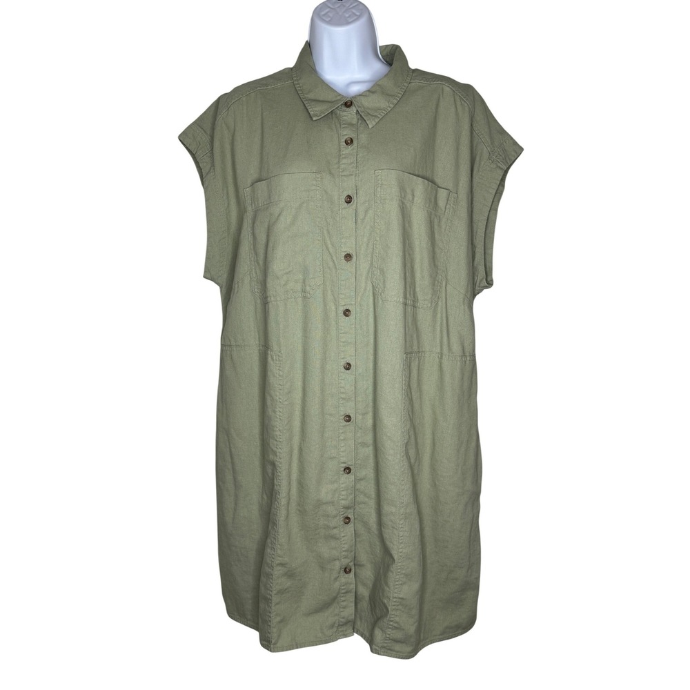 Universal Thread Linen Shirt Dress Womens XXL Olive Green Utility Coastal Boho - Picture 1 of 13